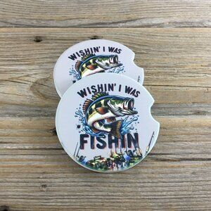 Wishin' I was Fishin Car Coasters Set of 2
